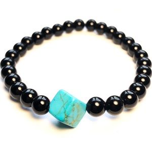 Black Onyx and Turquoise Cube Stretch Bracelet